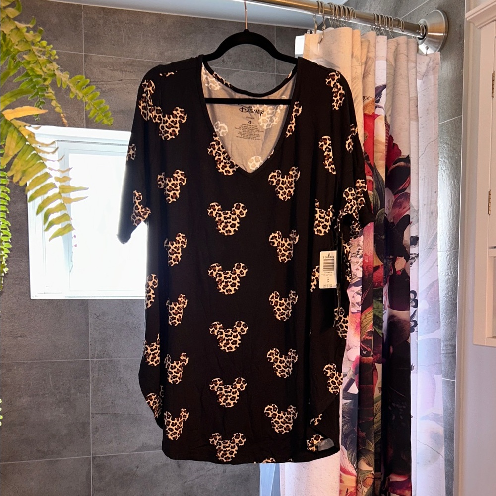 Torrid Black Tee with Leopard Print Mickey Mouse Pattern